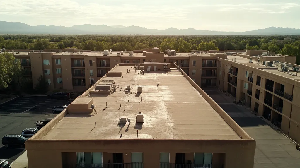 A commercial roof on high-rise apartments in a location similar to Santa Fe with a rainy day aesthetic (AI image)