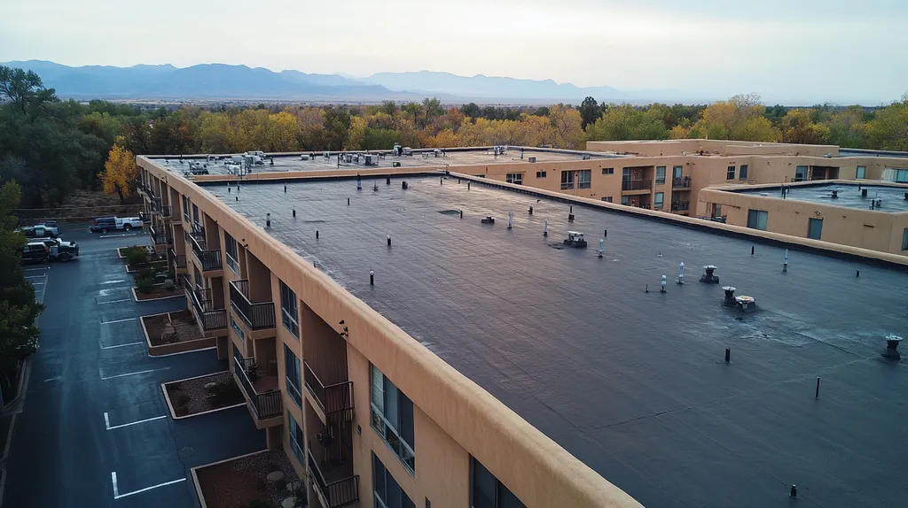A commercial roof on high-rise apartments in a location similar to Santa Fe with a rainy day aesthetic (AI image)