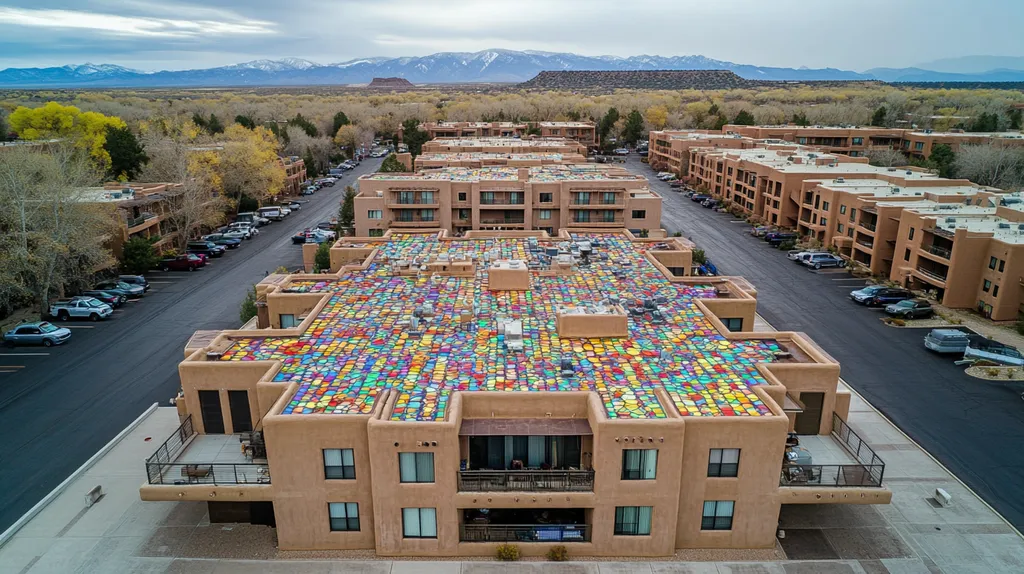 A commercial roof on high-rise apartments in a location similar to Santa Fe with a stained glass style aesthetic (AI image)