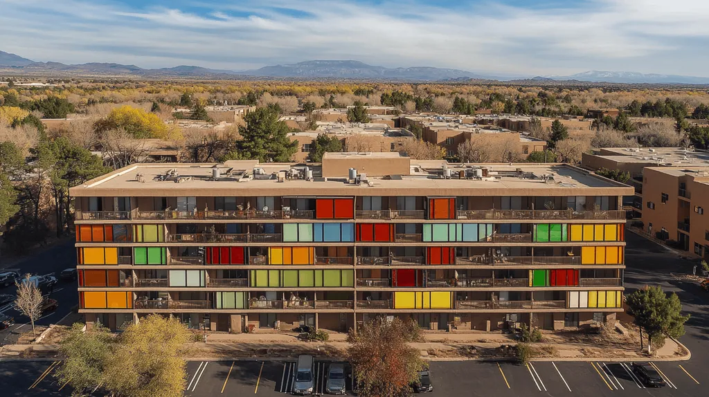 A commercial roof on high-rise apartments in a location similar to Santa Fe with a stained glass style aesthetic (AI image)