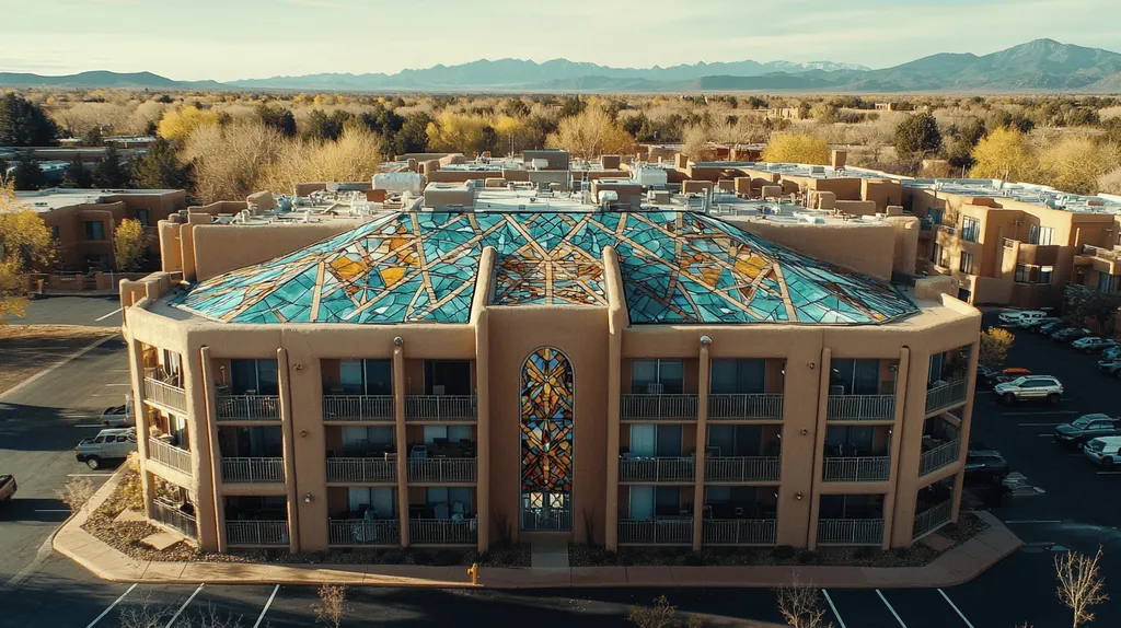 A commercial roof on high-rise apartments in a location similar to Santa Fe with a stained glass style aesthetic (AI image)
