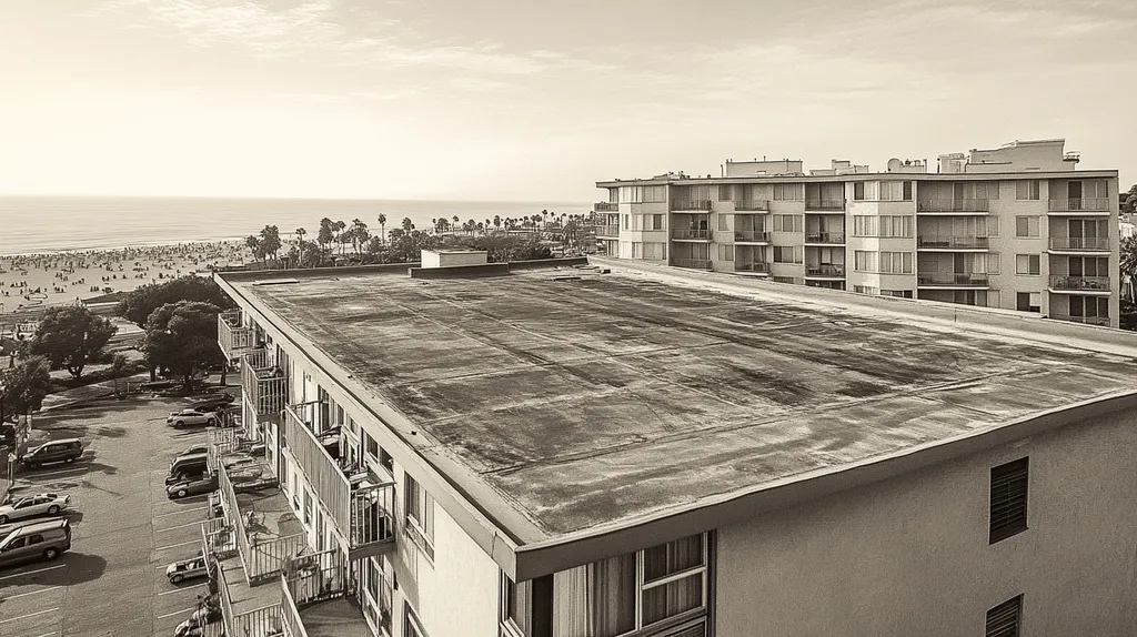 A commercial roof on high-rise apartments in a location similar to Santa Monica with a tintype aesthetic (AI image)