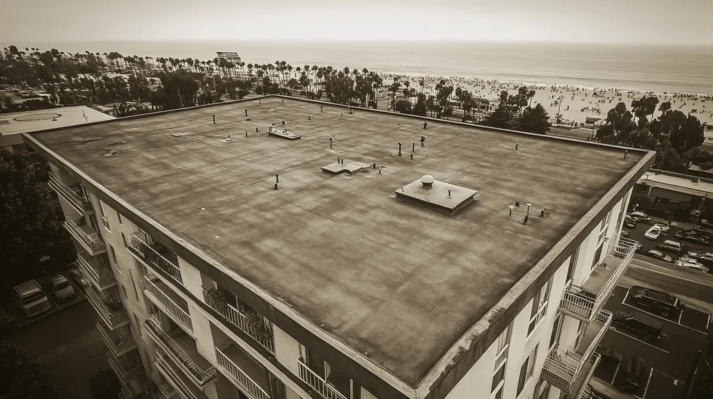 A commercial roof on high-rise apartments in a location similar to Santa Monica with a tintype aesthetic (AI image)