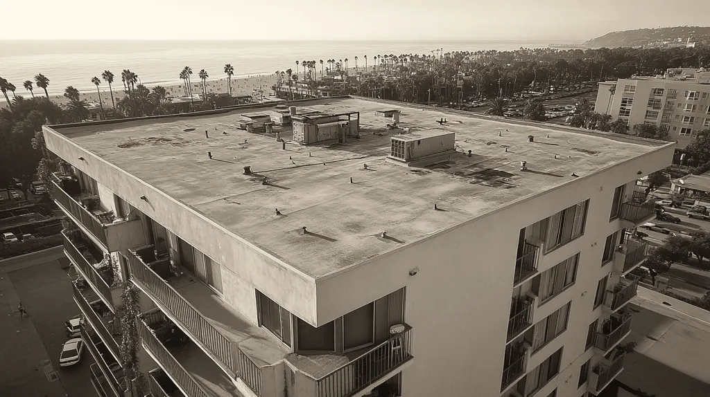 A commercial roof on high-rise apartments in a location similar to Santa Monica with a tintype aesthetic (AI image)