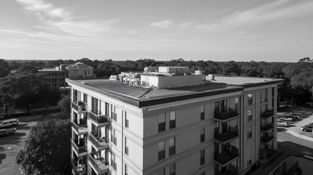 A commercial roof on high-rise apartments in a location similar to Savannah with a black and white photography aesthetic (AI image)