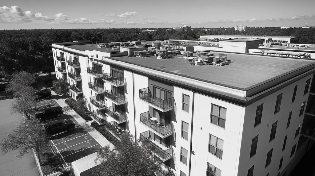 A commercial roof on high-rise apartments in a location similar to Savannah with a black and white photography aesthetic (AI image)