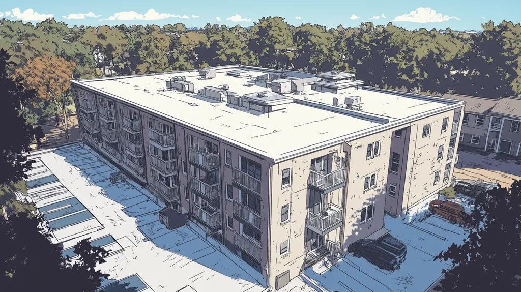 A commercial roof on high-rise apartments in a location similar to Savannah with a comic book style aesthetic (AI image)