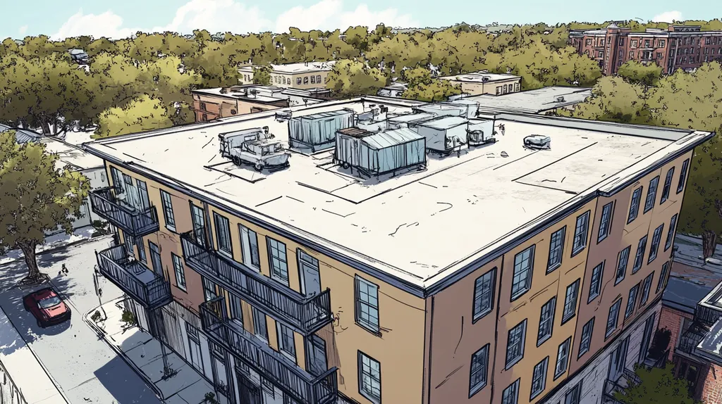A commercial roof on high-rise apartments in a location similar to Savannah with a comic book style aesthetic (AI image)
