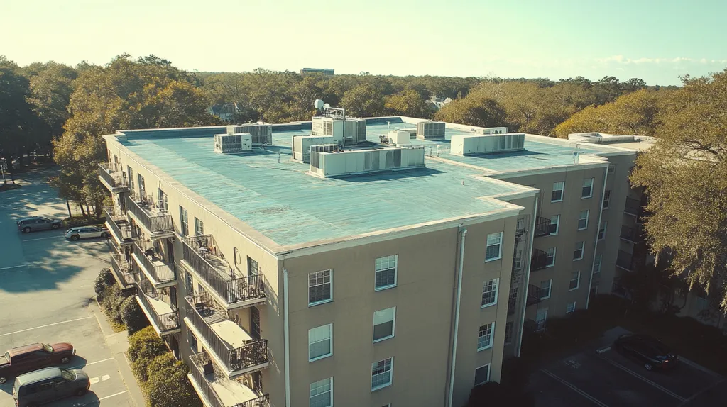 A commercial roof on high-rise apartments in a location similar to Savannah with a cross-processed look aesthetic (AI image)