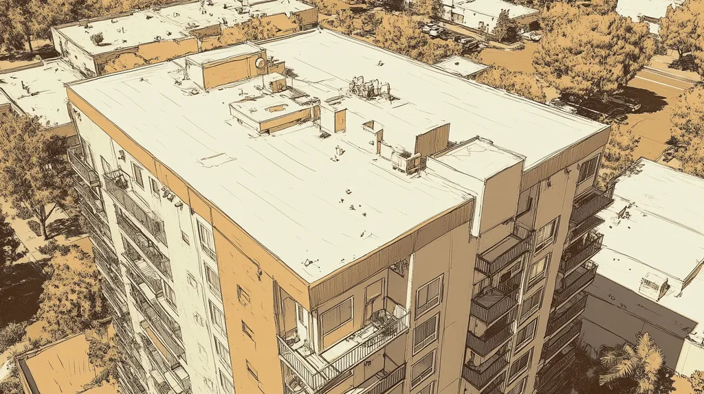 A commercial roof on high-rise apartments in a location similar to Scottsdale with an architectural sketch rendering aesthetic (AI image)