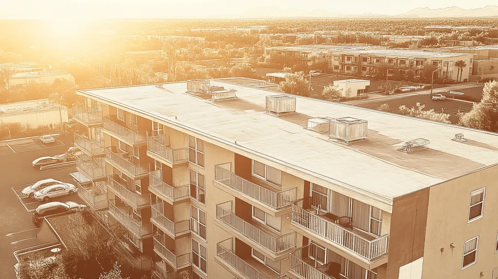 A commercial roof on high-rise apartments in a location similar to Scottsdale with an architectural sketch rendering aesthetic (AI image)