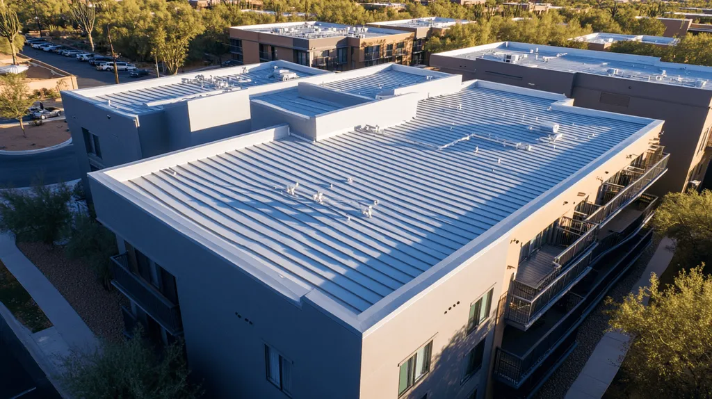 A commercial roof on high-rise apartments in a location similar to Scottsdale with a comic book style aesthetic (AI image)