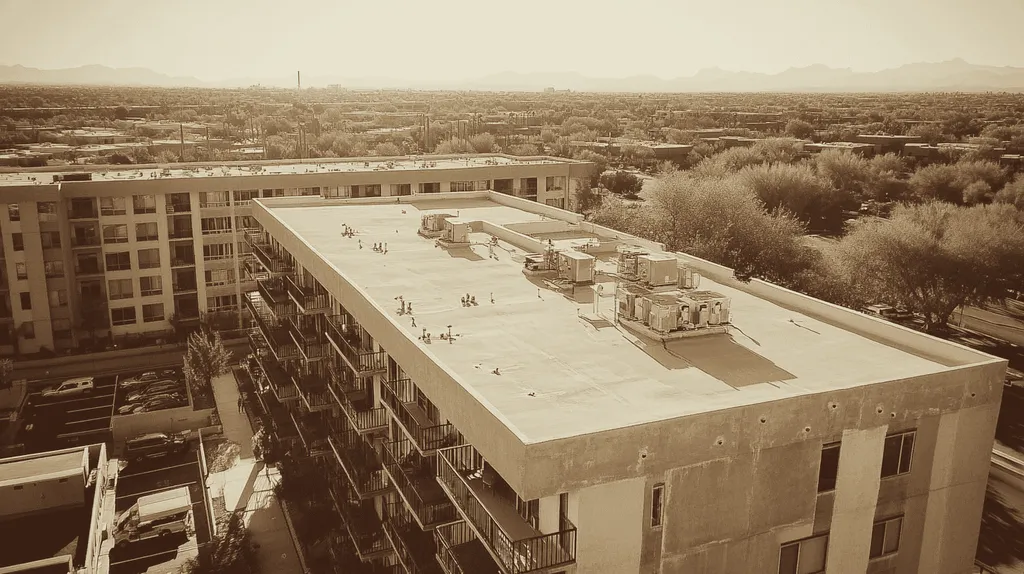 A commercial roof on high-rise apartments in a location similar to Scottsdale with a tintype aesthetic (AI image)
