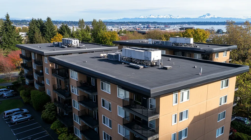 A commercial roof on high-rise apartments in a location similar to Seattle with a color highlight aesthetic (AI image)