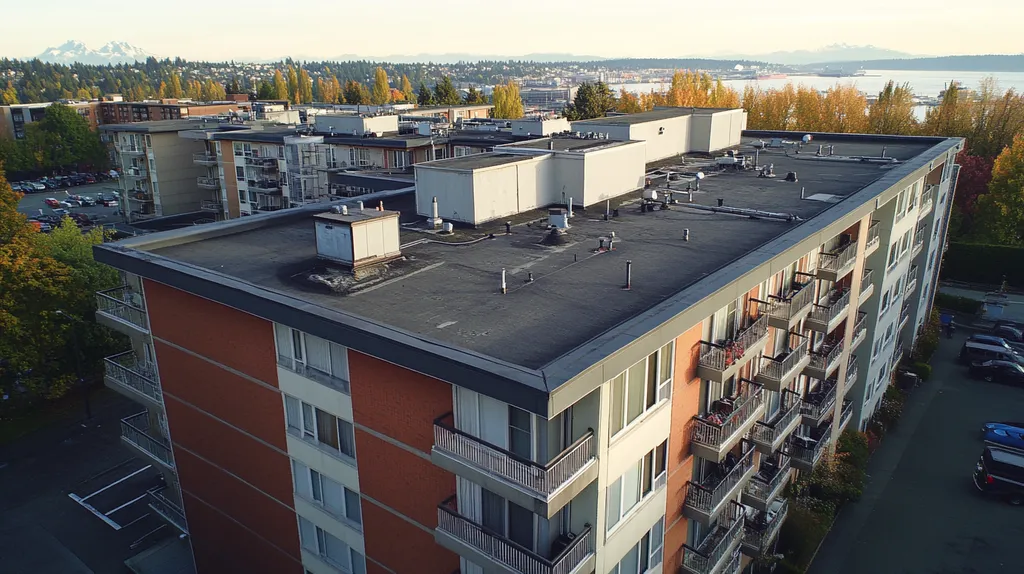A commercial roof on high-rise apartments in a location similar to Seattle with a color highlight aesthetic (AI image)