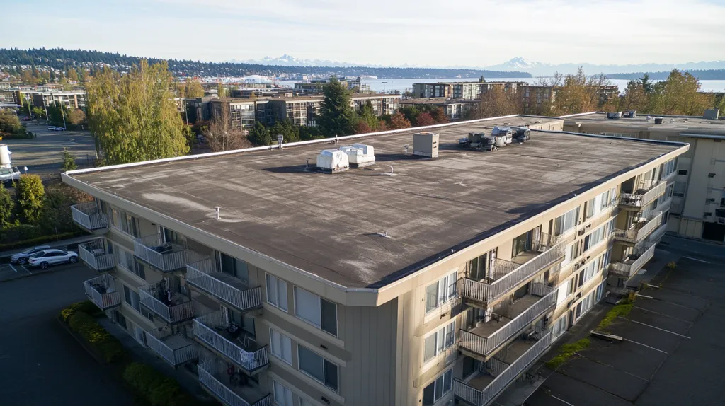 A commercial roof on high-rise apartments in a location similar to Seattle with a color highlight aesthetic (AI image)