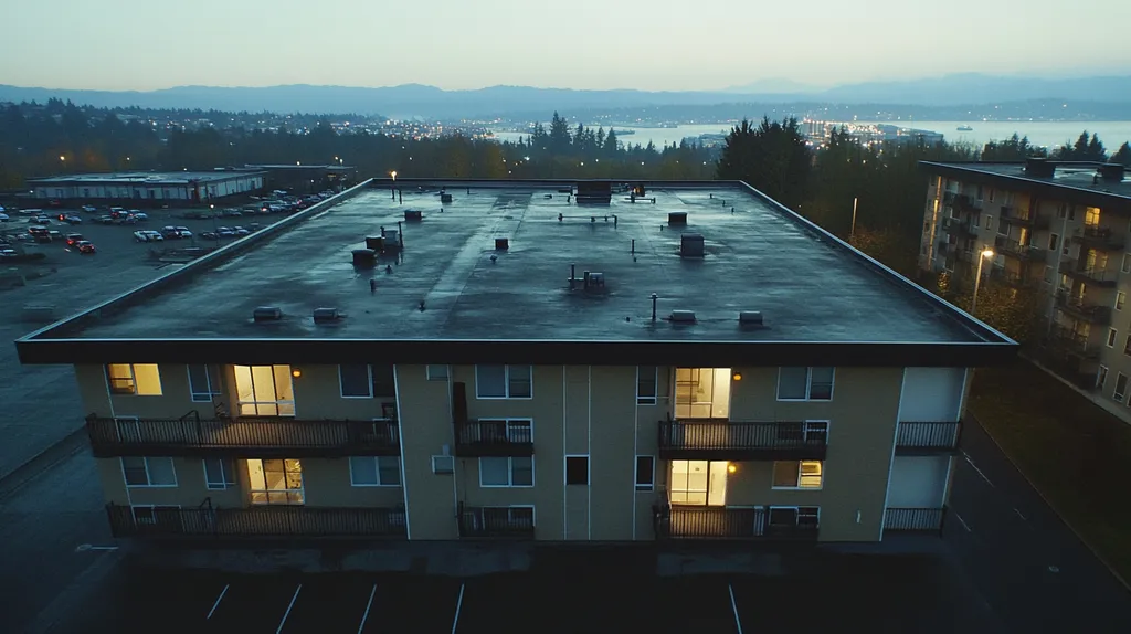 A commercial roof on high-rise apartments in a location similar to Seattle with an illuminated nightscape aesthetic (AI image)