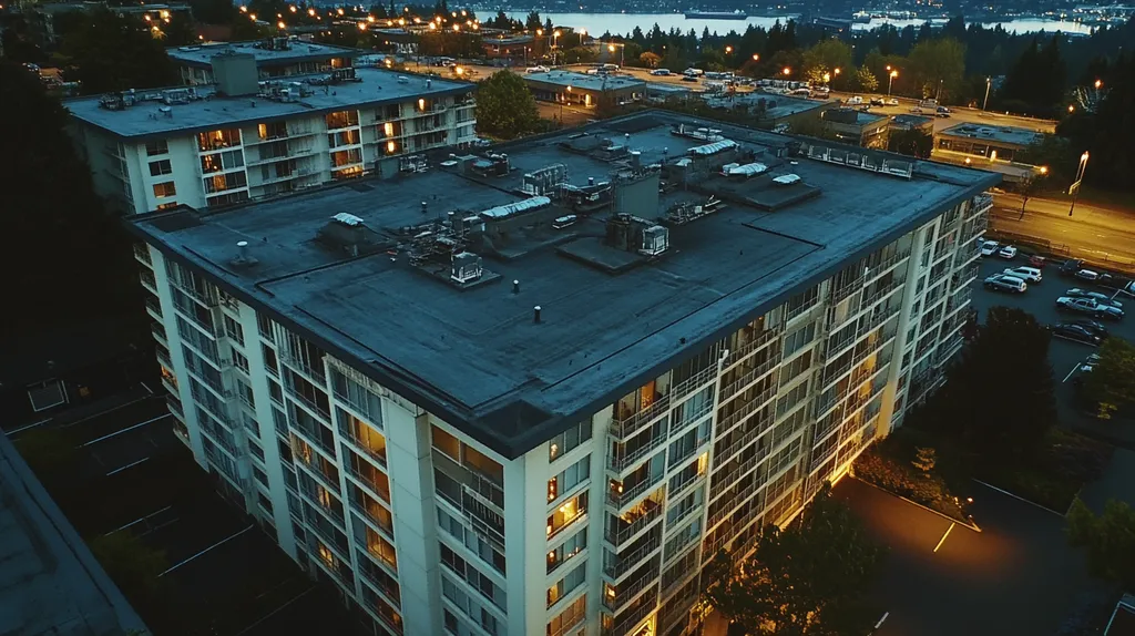 A commercial roof on high-rise apartments in a location similar to Seattle with an illuminated nightscape aesthetic (AI image)