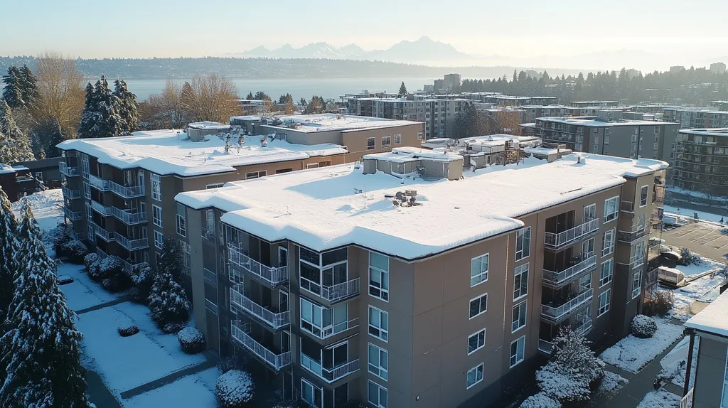 A commercial roof on high-rise apartments in a location similar to Seattle with a snowy day aesthetic (AI image)