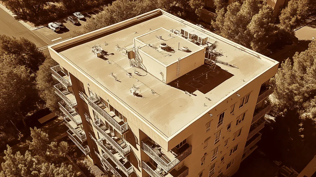 A commercial roof on high-rise apartments in a location similar to Sedona with an architectural sketch rendering aesthetic (AI image)