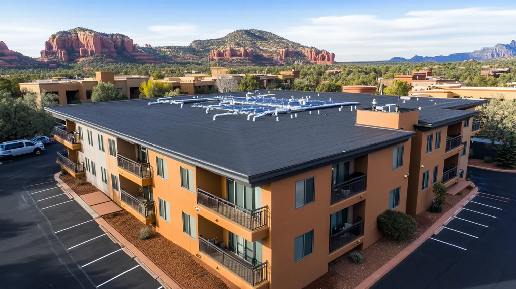 A commercial roof on high-rise apartments in a location similar to Sedona with a color highlight aesthetic (AI image)