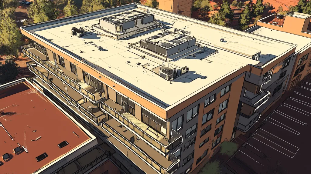 A commercial roof on high rise apartments in a location similar to Sedona with a comic book style aesthetic (AI image)