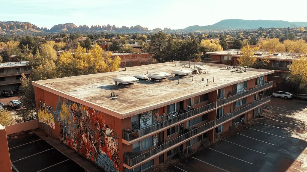 A commercial roof on high-rise apartments in a location similar to Sedona with a graffiti mural aesthetic (AI image)