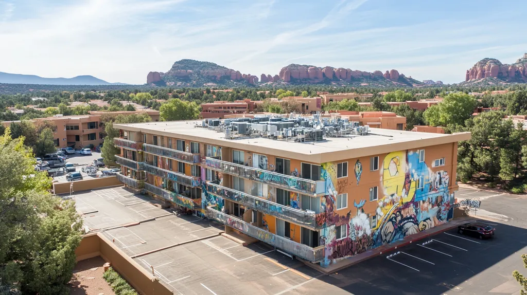 A commercial roof on high-rise apartments in a location similar to Sedona with a graffiti mural aesthetic (AI image)