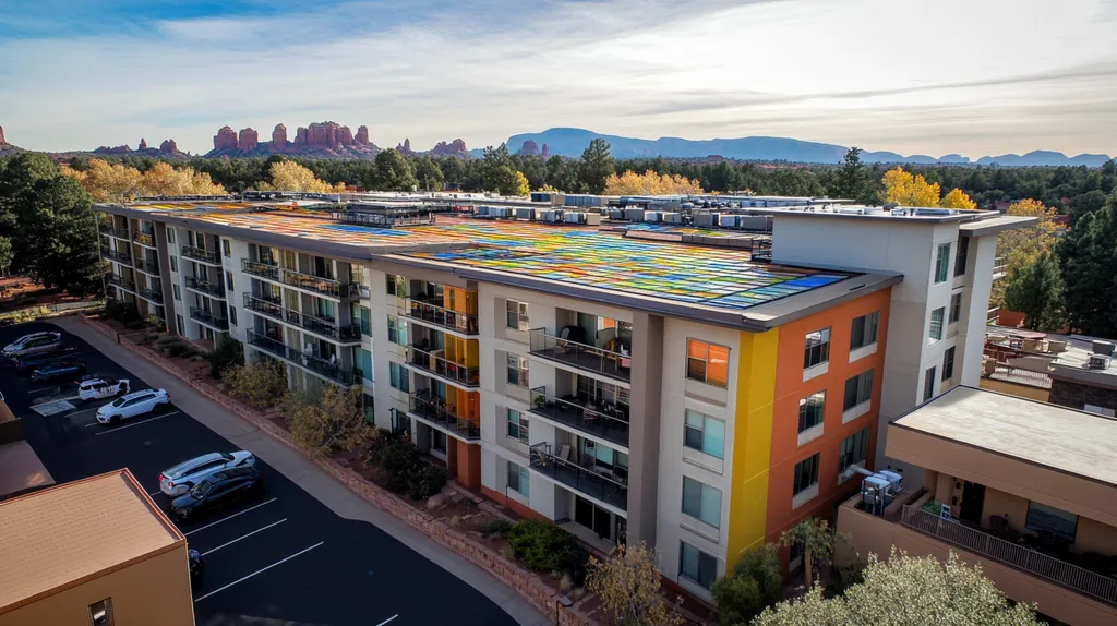 A commercial roof on high-rise apartments in a location similar to Sedona with a stained glass style aesthetic (AI image)