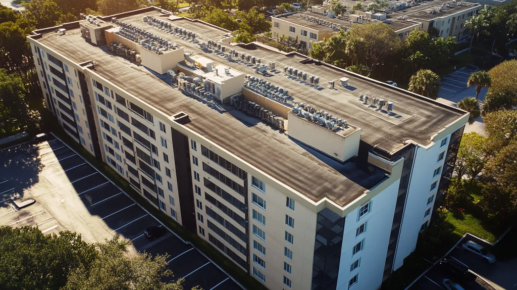 A commercial roof on high-rise apartments in a location similar to Tampa with a comic book style aesthetic (AI image)