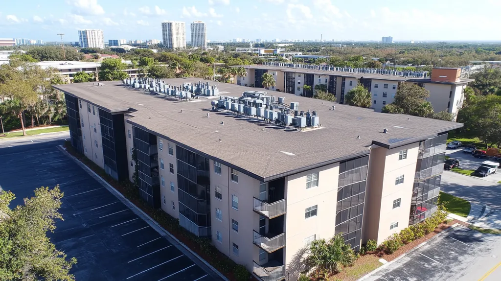 A commercial roof on high-rise apartments in a location similar to Tampa with an urban context aesthetic (AI image)