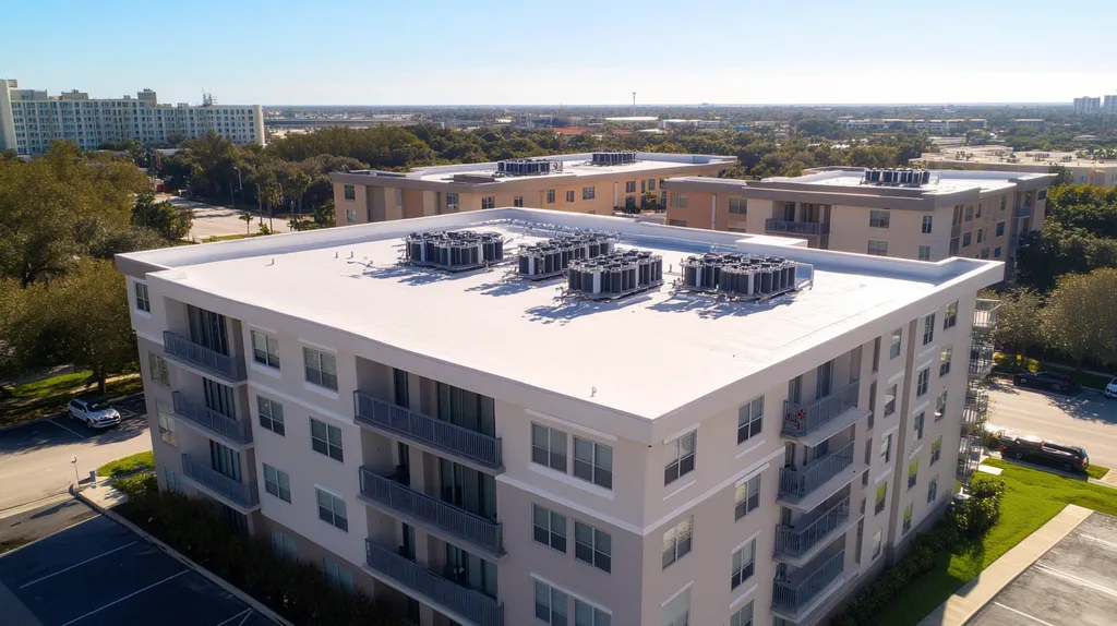 A commercial roof on high-rise apartments in a location similar to Tampa with an urban context aesthetic (AI image)