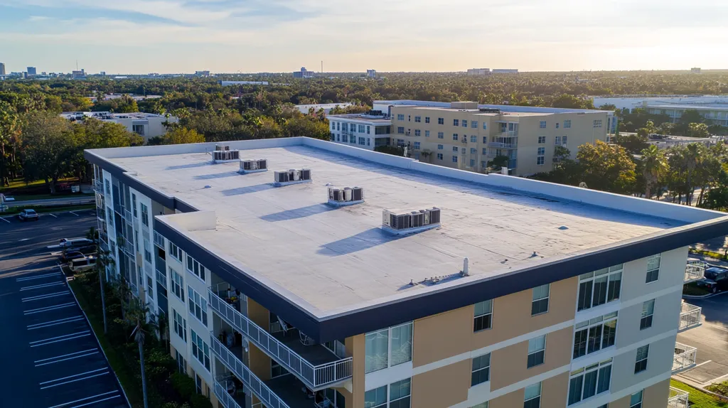 A commercial roof on high-rise apartments in a location similar to Tampa with an urban context aesthetic (AI image)