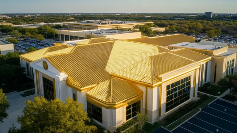 A commercial roof on a hospital in a location similar to Dallas with a solid gold aesthetic (AI image)