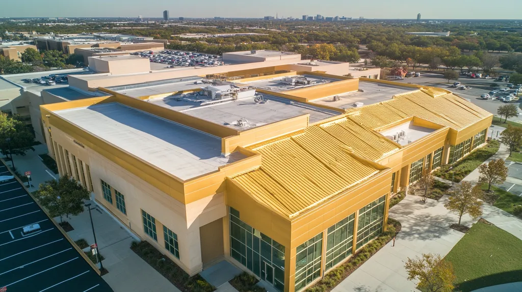 A commercial roof on a hospital in a location similar to Dallas with a solid gold aesthetic (AI image)