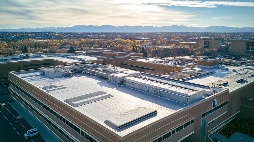 A commercial roof on a hospital in a location similar to Denver with an architectural photography aesthetic (AI image)