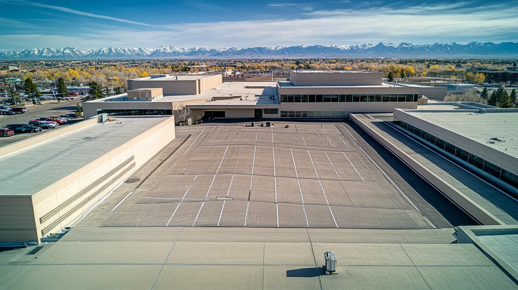 A commercial roof on a hospital in a location similar to Denver with an architectural photography aesthetic (AI image)