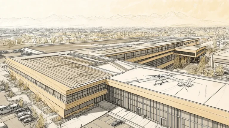 A commercial roof on a hospital in a location similar to Denver with an architectural sketch rendering aesthetic (AI image)