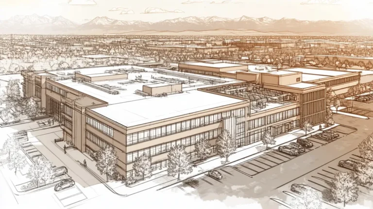 A commercial roof on a hospital in a location similar to Denver with an architectural sketch rendering aesthetic (AI image)