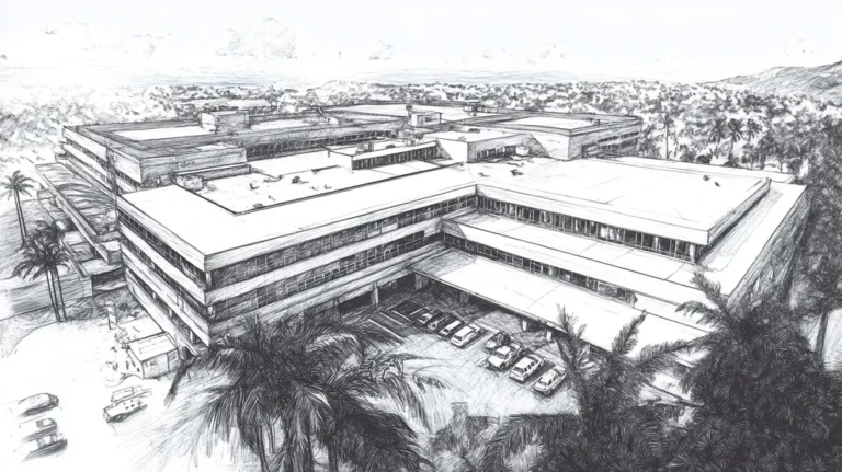 A commercial roof on a hospital in a location similar to Honolulu with a charcoal sketch aesthetic (AI image)