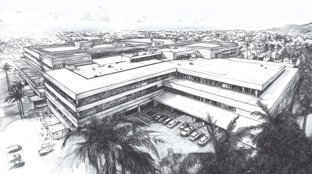 A commercial roof on a hospital in a location similar to Honolulu with a charcoal sketch aesthetic (AI image)