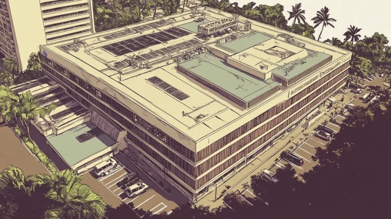 A commercial roof on a hospital in a location similar to Honolulu with a comic book style aesthetic (AI image)