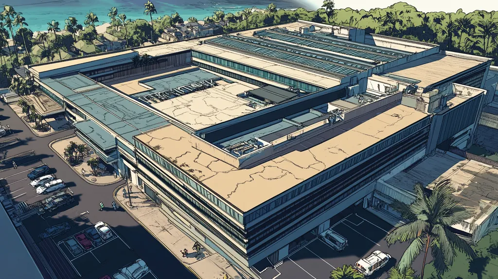 A commercial roof on a hospital in a location similar to Honolulu with a comic book style aesthetic (AI image)