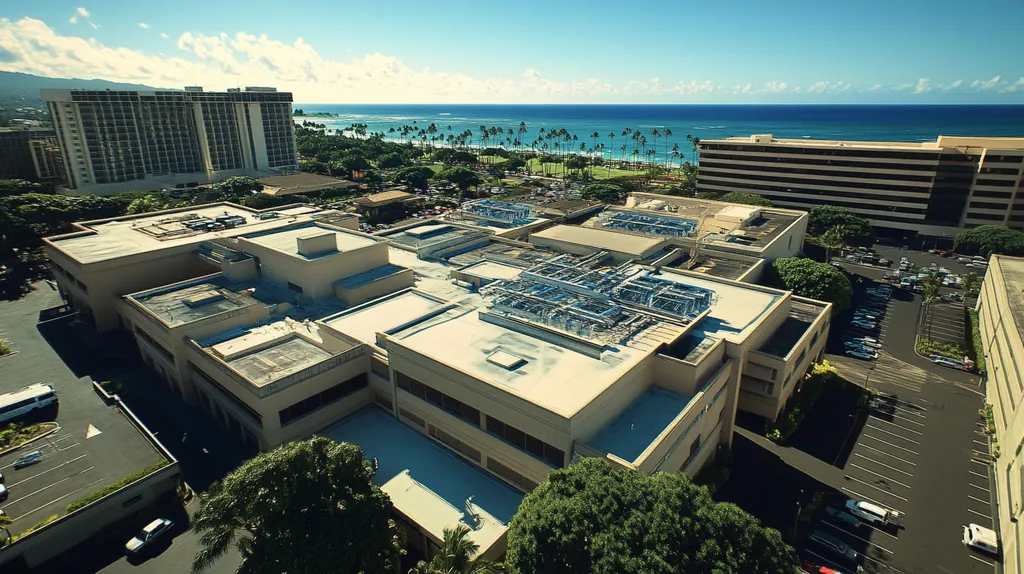 A commercial roof on a hospital in a location similar to Honolulu with a cross-processed look aesthetic (AI image)