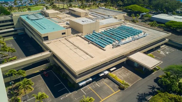 A commercial roof on a hospital in a location similar to Honolulu with a cross-processed look aesthetic (AI image)