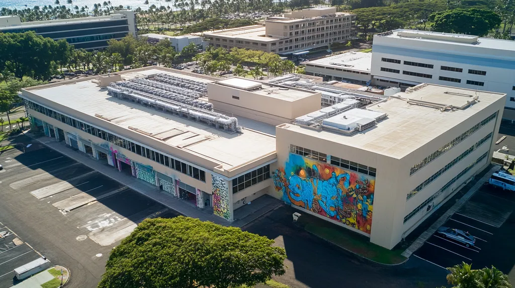 A commercial roof on a hospital in a location similar to Honolulu with a graffiti mural aesthetic (AI image)