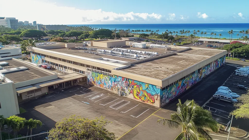 A commercial roof on a hospital in a location similar to Honolulu with a graffiti mural aesthetic (AI image)