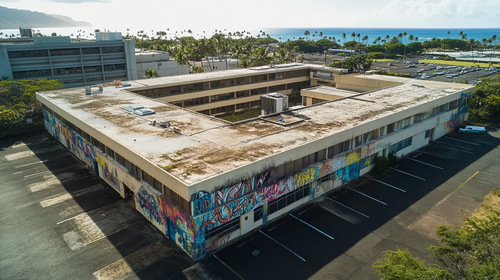 A commercial roof on a hospital in a location similar to Honolulu with a graffiti mural aesthetic (AI image)