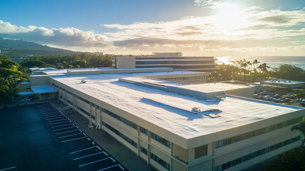 A commercial roof on a hospital in a location similar to Honolulu with a snowy day aesthetic (AI image)
