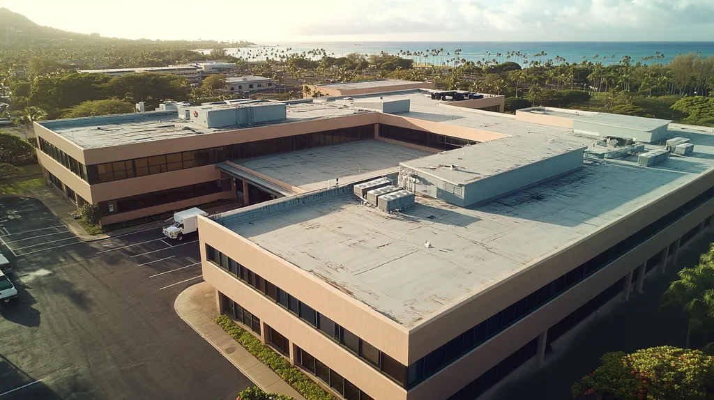 A commercial roof on a hospital in a location similar to Honolulu with a snowy day aesthetic (AI image)